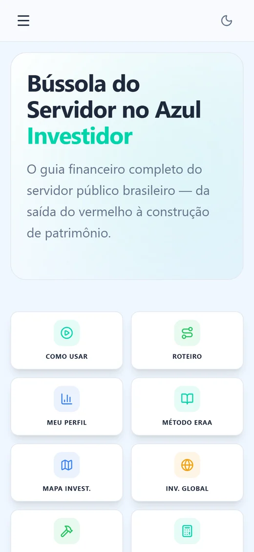 Tela inicial do app Bússola no celular, com os atalhos dos módulos