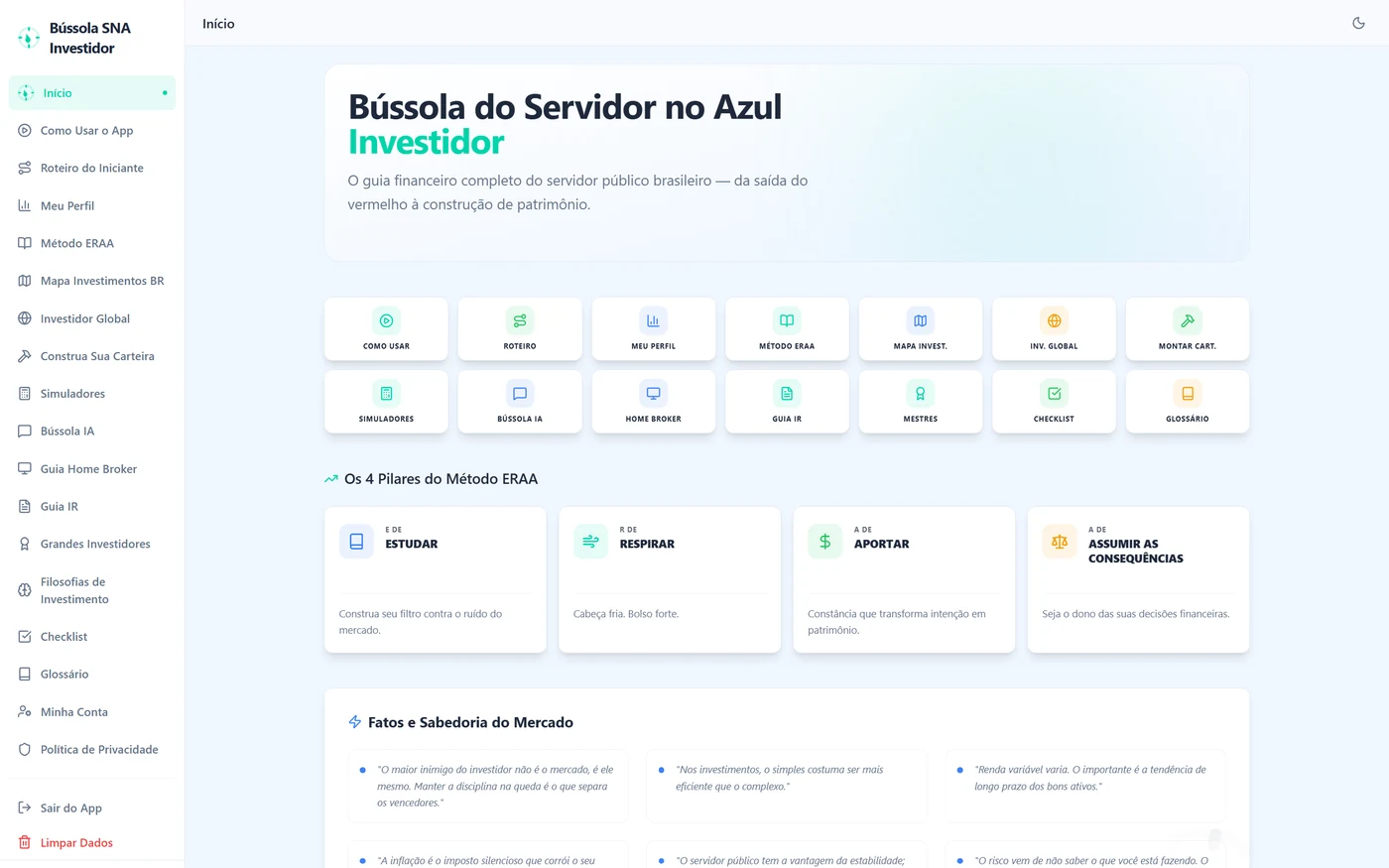 Tela inicial do app Bússola do Servidor no Azul Investidor, com os atalhos dos módulos e os quatro pilares do Método ERAA