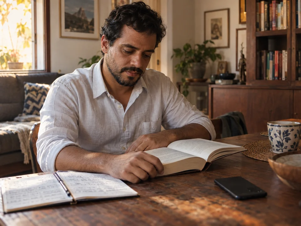 Servidor lendo um livro à mesa da sala no fim da tarde, com caderno de anotações aberto e o celular virado para baixo