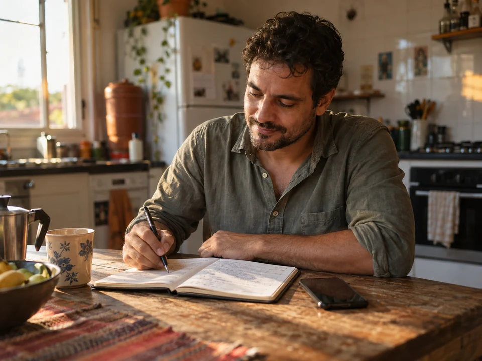 Homem sozinho à mesa da cozinha, caneta na mão parada sobre um caderno aberto, decidindo